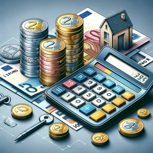 DALL·E 2024-04-02 14.58.33 - A graphic illustration featuring detailed representations of Euro banknotes alongside coins, all arranged next to a stylized digital calculator. The c